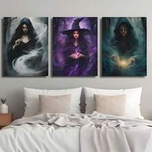 3 pièces Peinture de décoration d'Halloween sorcière de la forêt magique, affiches murales sur canevas, impression haute définition avec cadre en option, affiche rétro de l'académie sombre, décoration murale pour le salon et la chambre à coucher