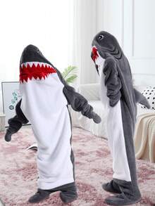 鲨鱼毯连帽衫舒适法兰绒鲨鱼睡袋沙发毯，新款卡通动物可爱趣味睡袋，成人款，动物睡衣，圣诞派对睡衣，可穿戴鲨鱼毯成人连帽衫，超柔软舒适的鲨鱼服装 - 彩色 - 查看 4