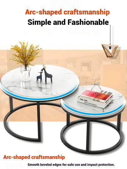 Nesting Coffee Tables, Round Wooden Marble Top, Sturdy Metal Frame, Side Tables Living Room, Bedroom, Balcony Terrace view 6