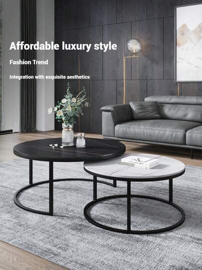 Nesting Coffee Tables, Round Wooden Marble Top, Sturdy Metal Frame, Side Tables Living Room, Bedroom, Balcony Terrace view 11
