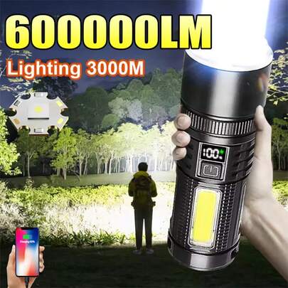 Nouvelle lampe de poche LED haute puissance ultra-brillante avec télécommande portée 3000 m, rechargeable, lumière tactique étanche, 4 modes, zoom rétractable avec affichage de la puissance, idéale pour la pêche, le camping, l'aventure, la chasse et l'éclairage d'urgence à la maison