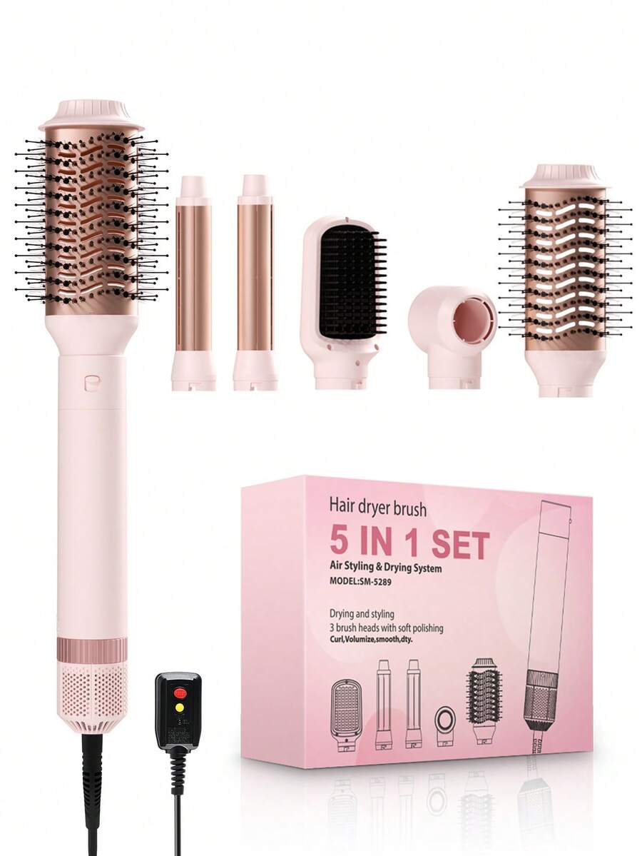 吹风机刷可拆卸五合一造型和干燥系统，快速干燥，卷发平滑和造型，自动卷发器，直发器/直发刷，适用于直发，卷发，波浪发，合适的礼物