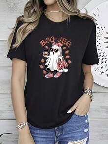 Women T-Shirt Print Cute Boo Jee Ghost Halloween Leopard Ghost Coffee Womens T-Shirt Soft Designer Clothes T-Shirt For Women Casual Versatile Summer Fashion Streetwear Breathable Women Top Graphic Tees Stretched Top For Everyday Wear Slightly Graphic Female