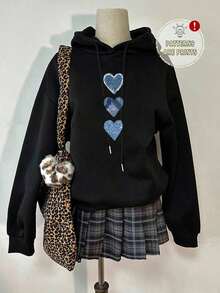 Casual Minimalist Printed Drawstring Hooded Loose Fit Thick Sweatshirt, Leopard Print Pattern, For Women, Autumn/Winter - Black 2 - 查看 6