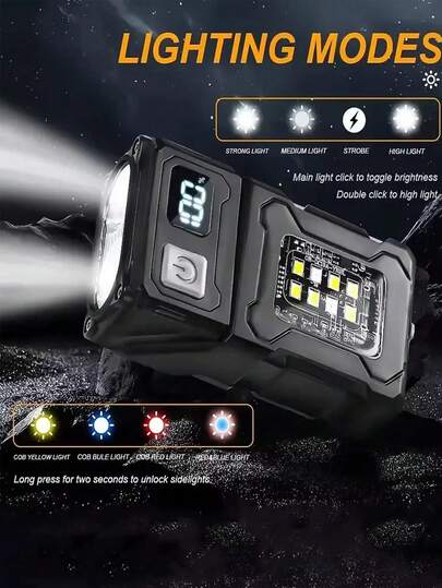 USB-uppladdningsbar LED-ficklampa campinglykta i ett stycke, bärbar mini-ficklampa med 7 ljuslägen, multifunktionell COB-arbetslampa med 180 graders roterbart huvud, LED-batteri 100 % display, inbyggt uppladdningsbart litiumbatteri, stöd för USB-omvänd utgång, bärbar LED-klämma för ryggsäck, USB-driven, (med laddningskabel)