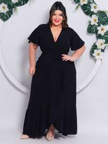 Long Wrap Dress With Flare Sleeves Simple Casual Elegant With Belt Asymmetrical Wedding - 黑色 - 查看 4