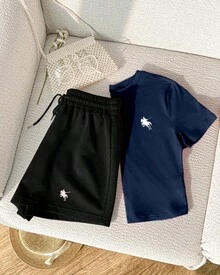 Set de 2 piezas de camiseta y pantalones cortos con estampado de caballero, para mujer, informal, adecuado para el verano - Azul Marino - Ver 3