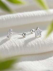 Artepollo 1pc 925 Sterling Silver Hypoallergenic Star Stud Earrings, Inlaid With Sparkling Cubic Zirconia, Spiral Ear Backs For Secure Wear, Delicate & Adorable, Gift Box Packaging, Suitable For Daily Wear Or Holidays, Gift For Girls, Friends, Back To School, Christmas