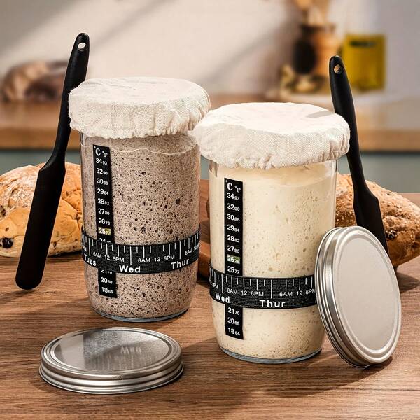 24oz großer Sourdough Gärungsbehälter Set, mit Aluminiumdeckel, Datumsetikett, Silikonspachtel, Tuchüberzug und Thermometerstreifen, wiederverwendbare Sourdough Brotbackwerkzeuge