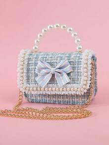 1pc Mini Bow Pearl Lace PU Metallic Chain Flap Closure Cute Handbag Shoulder Bag Snack Bag, Suitable For Teenagers Daily Outing And Festivals - Blue - View 5
