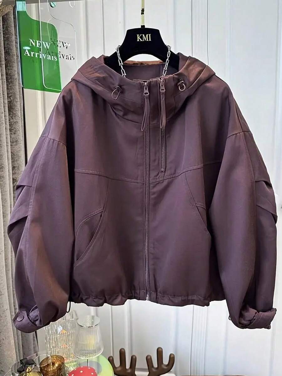 Spring/Autumn Loose Hooded Windbreaker Jacket For Women, Fashionable Versatile Short Bomber Jacket With Slimming Design - Deep Red - View 1