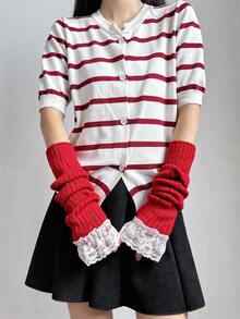 1 Pair Girls Ballet Style Arm Warmers, Autumn/Winter Fingerless Gloves Knitted Arm Sleeves With Criss-Cross Ribbon Tassel Decor, White Fingerless Gloves Arm Sleeves, Black Knitted Gloves, Y2K Streetwear Style - 251# - View 20