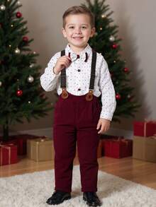 BOARNSEORL 2 件套年轻男孩绅士装 - 长袖衬衫配领结和吊带裤，时尚有型，适合圣诞派对、新年联欢会、婚礼、迎婴派对 - 紅色 - 查看 2