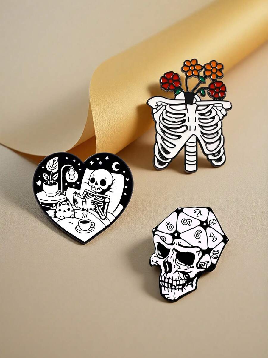 1/3 piezas Broche de estilo oscuro de esqueleto de Halloween, insignia de calavera con patrón de dados de aleación, decoración creativa para ropa, mochila, regalo de Navidad de expresión personalizada única