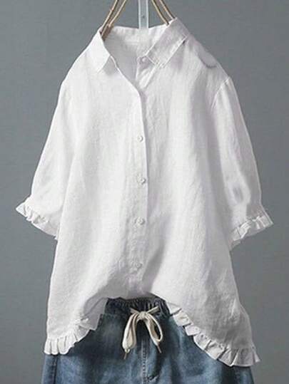 休闲荷叶边下摆大码女式衬衫，适合通勤和度假穿着