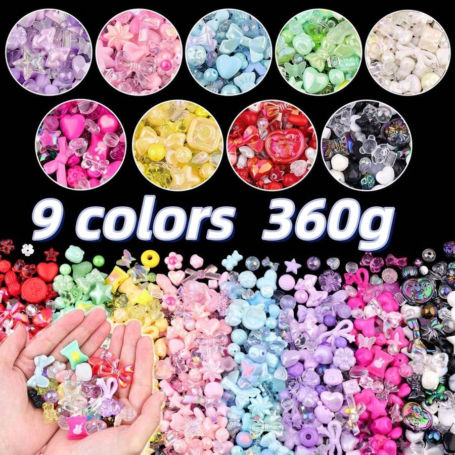 360g 9-Color Random Mixed Acrylic Beads For DIY Jewelry Making, Includes Flower, Bow, Heart, Bear Charms For Bracelets, Necklaces, Phone Straps, Keychains, Stickers