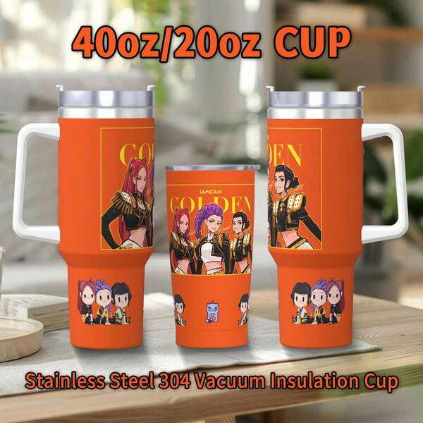 1 pieza Termo aislado de acero inoxidable de 40oz/20oz con diseño de KPOP Hunters, de doble pared al vacío, con asa y pajita a prueba de fugas, coleccionable para fans de Demon, excelente para la escuela, viajes, deportes y regalo del Día de San Valentín (caliente/frío)