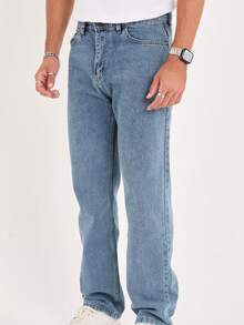 Men's Solid Color Pocket Casual Straight-Leg Jeans - Blue - View 11
