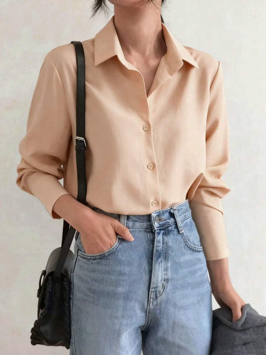 ISADORA MODA Women's Long Sleeve Shirt In Polyester Fabric, One Button On The Cuffs, White And Black, Pmg - Màu be - Xem 1