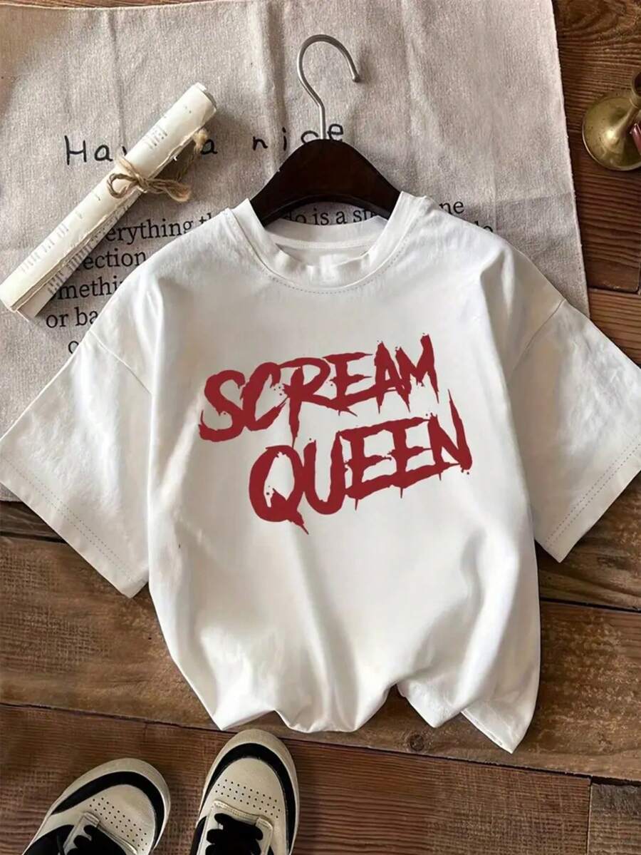 Camiseta playera básica gráfica estampada casual dama mujer manga corta cuello redondo look casual relajado cómodo versátil fresca ligera colorido diseño halloween día de muertos brujas scream queen minmalista - Blanco - Ver 1