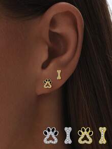 1 Pair Of 925 Sterling Silver Minimalist Diamond-Inlaid Dog Paw & Dog Bone Earrings With A Minimalist And Fashionable Style, They Are Suitable For Women's Daily Wear And Also Make An Excellent Gift For Girlfriends, Mothers, And Sisters. - A Pair Of Earrings - View 1