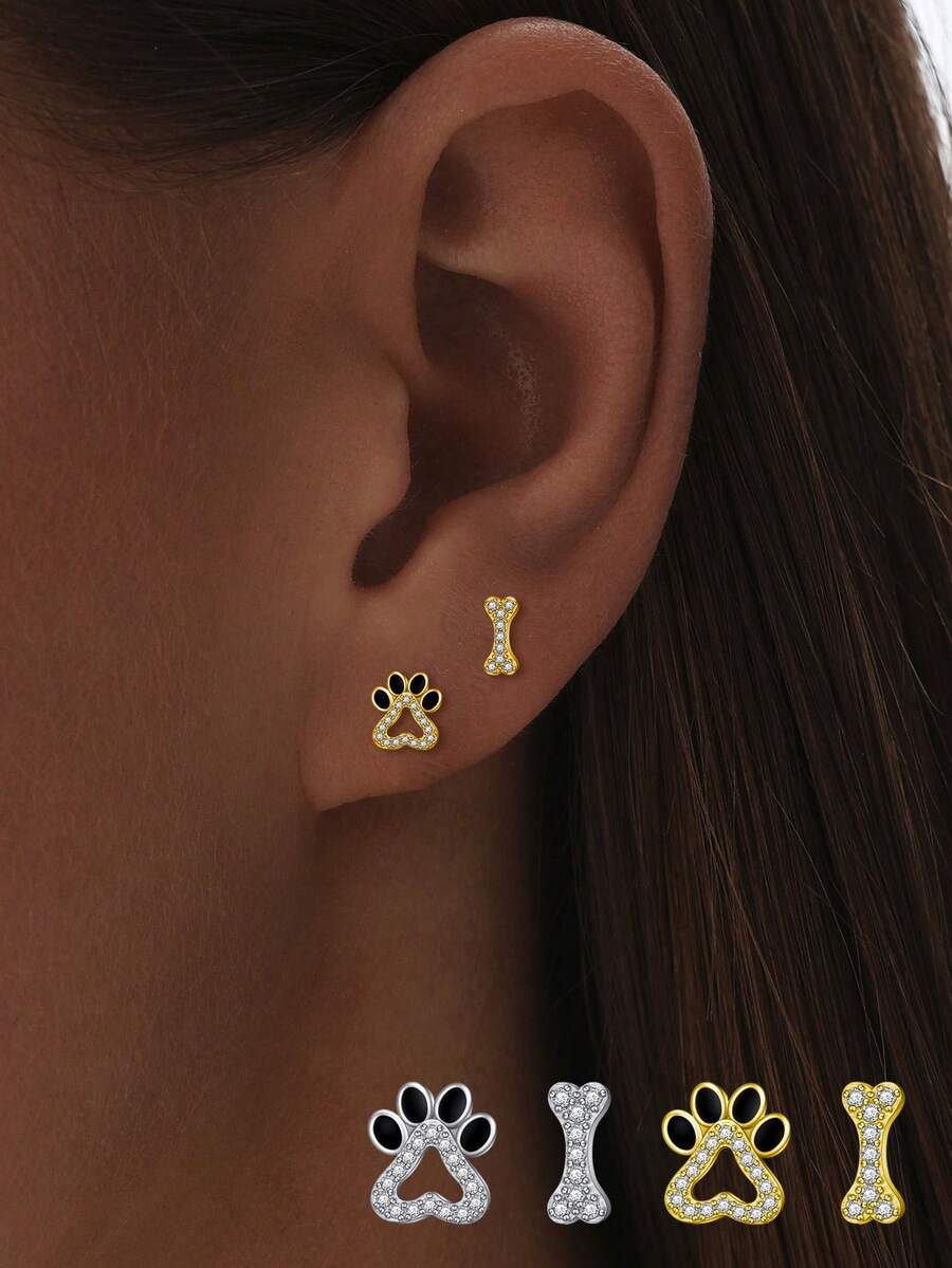 1 Pair Of 925 Sterling Silver Minimalist Diamond-Inlaid Dog Paw & Dog Bone Earrings With A Minimalist And Fashionable Style, They Are Suitable For Women's Daily Wear And Also Make An Excellent Gift For Girlfriends, Mothers, And Sisters. - A Pair Of Earrings - View 1