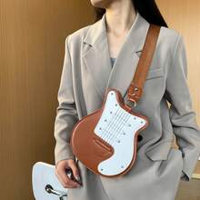 1Pc Y2K Guitar Shaped Bag - Retro Bass Guitar Messenger Bag With Chain Rivet Decor For Music Lovers,Best Valentine Gift For Friends,Best Party Gift - 粉色 - 查看 1