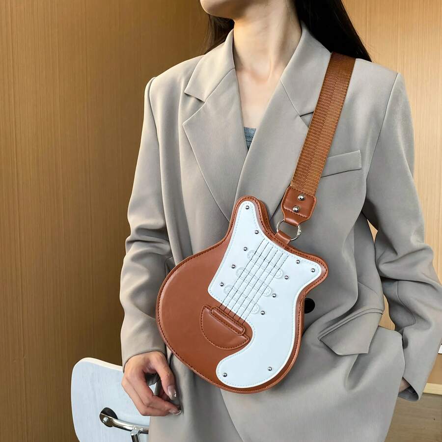 1Pc Y2K Guitar Shaped Bag - Retro Bass Guitar Messenger Bag With Chain Rivet Decor For Music Lovers,Best Valentine Gift For Friends,Best Party Gift - 粉色 - 查看 1