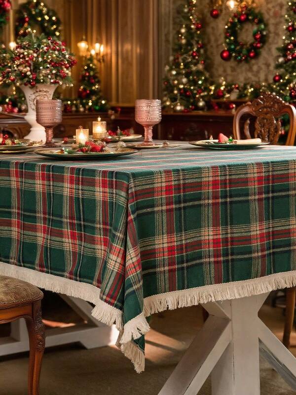 1 peça toalha de mesa xadrez verde estilo country americano vintage com design de borlas, grossa e durável, adequada para cozinha, uso diário, feriados, reuniões familiares, festas de Natal, casamentos, decoração de mesa de jantar