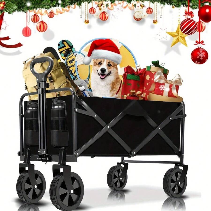 220/450/680 Lbs Capacity Heavy-Duty All-Terrain Folding Cart - Iron Frame And 600D Oxford Fabric, Foldable Multi-Purpose Wagon For Camping, Gardening, Beach, Shopping,Track And Field Equipment Transport Vehicle, No Assembly Required, Wagons Carts Heavy Duty Foldable - màu đen - Xem 1