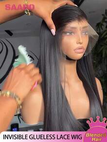 骨直蕾丝前假发 8-34 英寸 13*4 高清蕾丝前假发 真人混纺发丝 即戴即走 预先拔毛，带婴儿绒毛 漂白发结 原生发 自然发际线 无胶易戴 女士款 #1B 黑色混纺发 - 自然色&黑色系 - 查看 2