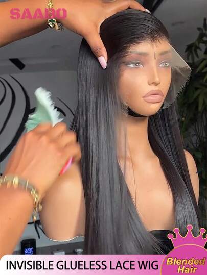 骨直蕾丝前假发 8-34 英寸 13*4 高清蕾丝前假发 真人混纺发丝 即戴即走 预先拔毛，带婴儿绒毛 漂白发结 原生发 自然发际线 无胶易戴 女士款 #1B 黑色混纺发