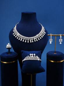 5-częściowy luksusowy błyszczący zestaw biżuterii z perłami syntetycznymi i cyrkoniami sześciennymi, w tym naszyjnik, kolczyki, pierścionek, bransoletka, odpowiedni dla kobiet na ślub, urodziny, święta, imprezy i inne okazje. - Biały - Zobacz 6