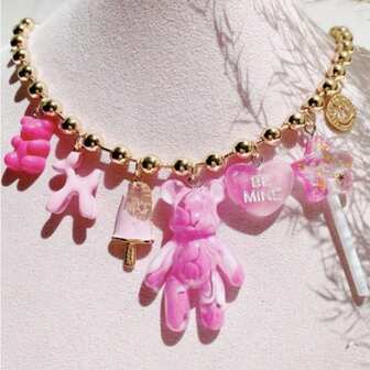 1 buc colier cu pandantiv ursuleț roz, colier cu lanț de mărgele din oțel inoxidabil cu pandantiv inimă, accesorii hiphop la modă pentru fete cool