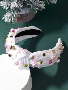 1pc Random Women's Elegant & Fashionable Christmas Vibe Hair Accessory/HeadbanGreen Color Twisted Fabric Headband With Colorful Pearl & Rhinestone Decor, Widened Crown, Suitable For Christmas Party, Hair Band, Hair Hoop