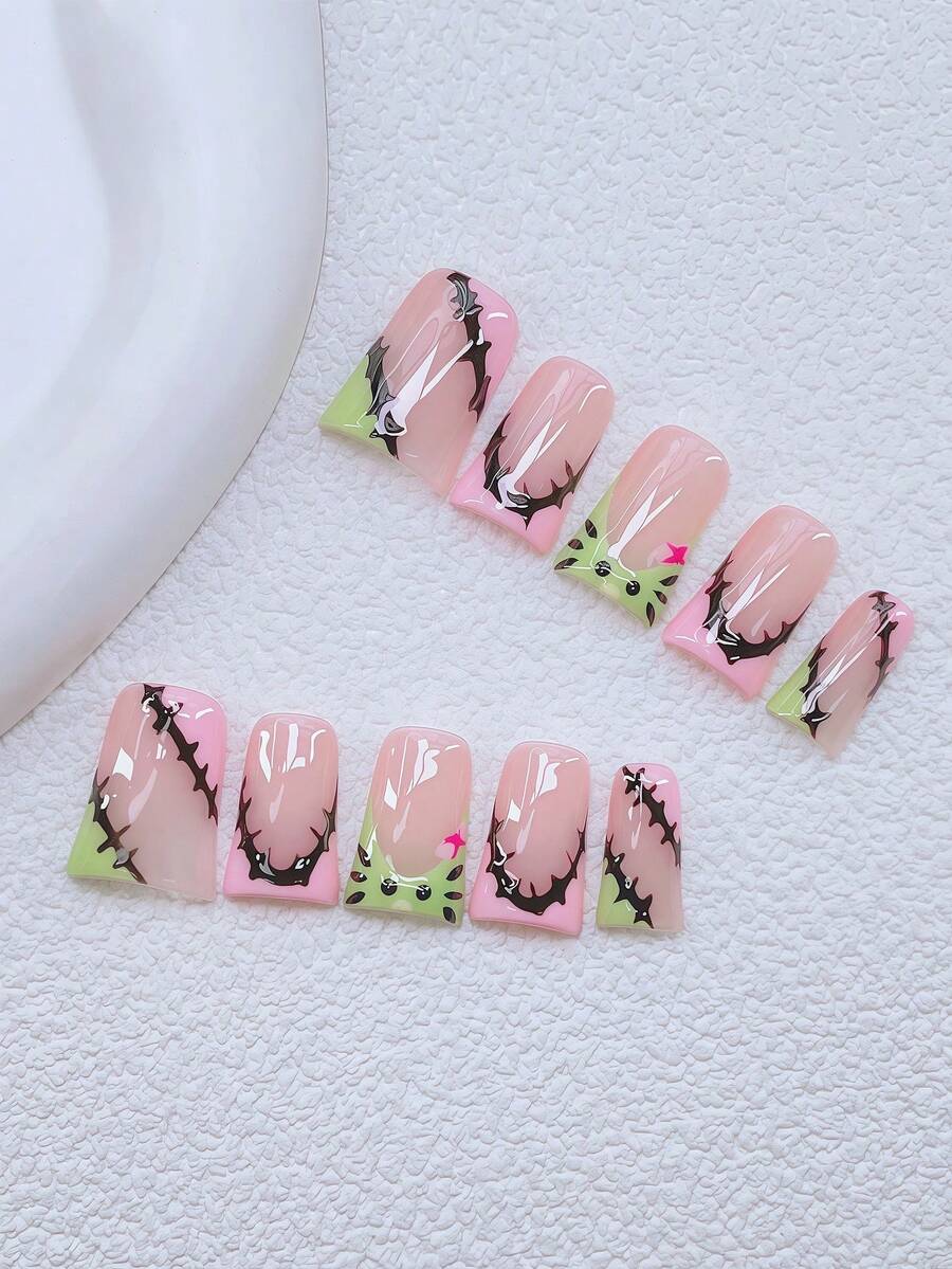10pcs Y2K Nails Chic Duckbill Press On Nails Set - Handcrafted, Green Nails, Pink Nails, Green And Pink French Tip Nails, Hand Drawn Black Kitten, Hand Drawn Element Design Decoration, Sparkling Exquisite Halloween Nails, - Suitable For Women And Girls, Party, Wedding, Daily Wear, DIY Nail Art, Nail Set, Includes Tool Kit. Duck Nails. Handmade Acrylic Press On Nails. Goth Nails. Nail Supplies - Multicolor - View 1