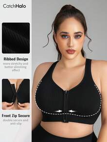 Bra Olahraga Ukuran Besar dengan Resleting Depan, Hitam, Desain Belakang Silang, Bantalan yang Dapat Dilepas, Elastisitas Tinggi, Bernapas, Menyerap Keringat, Cocok untuk Latihan di Gym dan Pakaian Kasual, Bra Yoga Bergaris Tanpa Jahitan untuk Wanita Ukuran Besar - Hitam - View 6