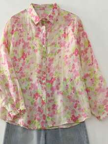 Women's Casual Loose Allover Print Shirt For Vacation Pink Spring - Pink - View 2