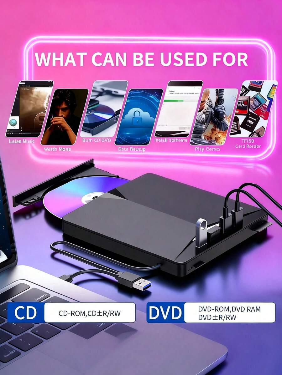 Compact 7-In-1 USB 3.0 CD/DVD Drive | Multi-Functional, Portable & Plug-And-Play | Compatible With Laptops, Desktops, PCs & Macs | High-Speed Data Transfer | No Battery Needed | Ideal For Music & Video Transfe - 黑色 - 查看 1