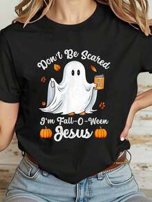 100% Cotton Women Clothes Cute Ghost Christian Halloween Fall-O-Ween Jesus Pumpkin T-Shirt - Black - View 1