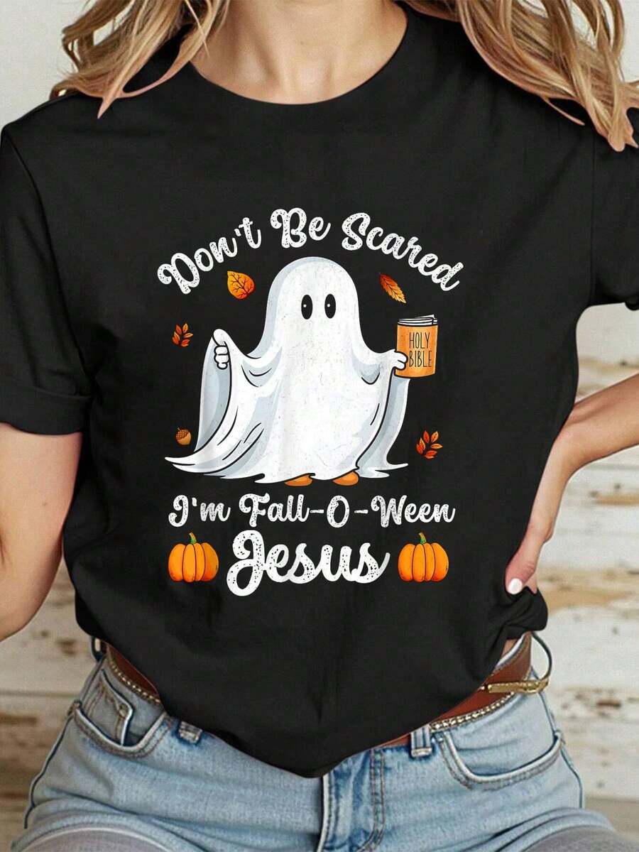 100% Cotton Women Clothes Cute Ghost Christian Halloween Fall-O-Ween Jesus Pumpkin T-Shirt - Black - View 1