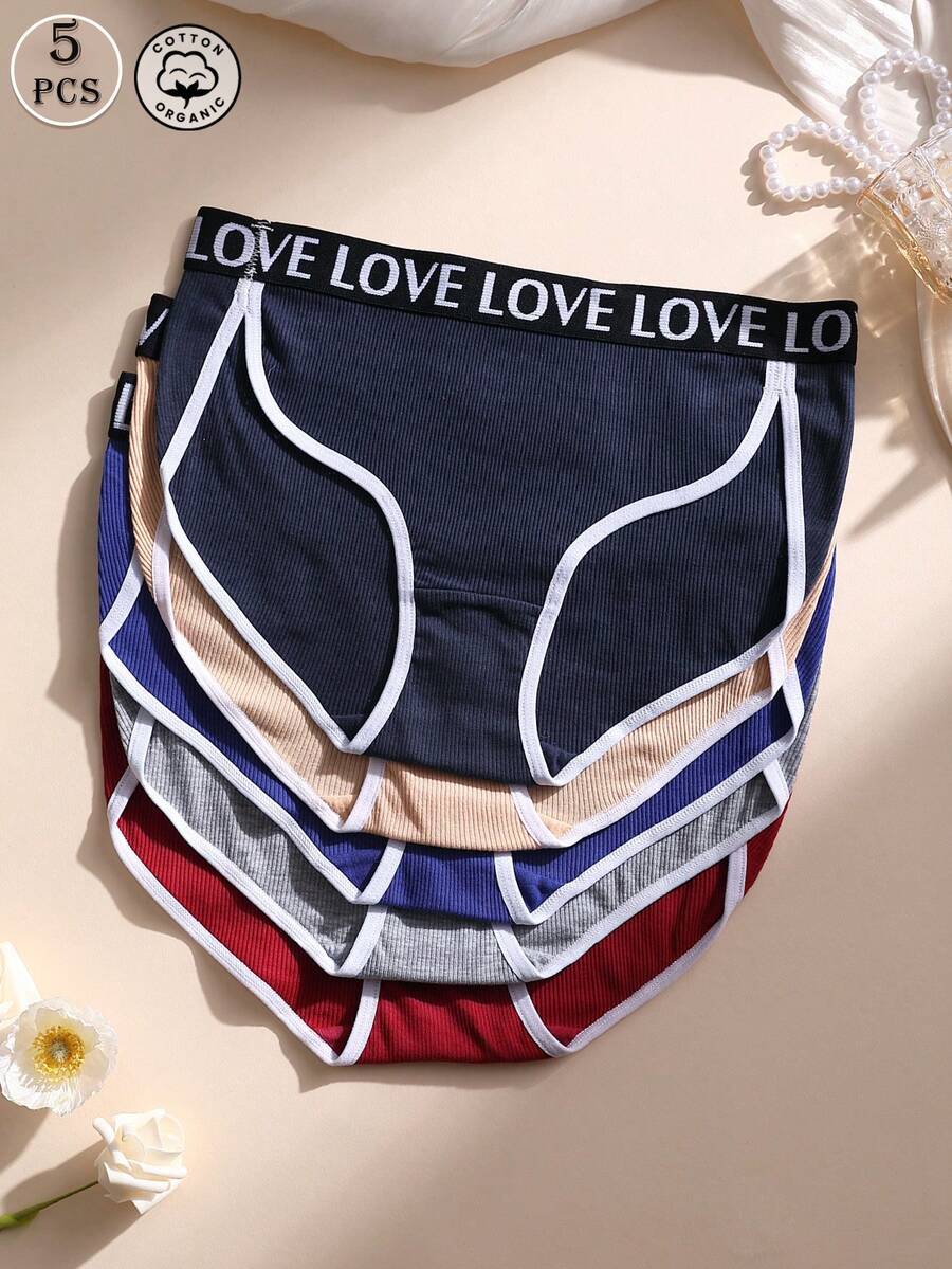 5条装女士性感罗纹棉质内裤中腰无缝三角裤开叉LOVE字母腰带柔软舒适透气内衣适合瑜伽、运动和日常穿着