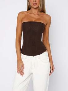 Women Y2k Strapless Bustier Corset Back Zip Mesh Boned Bodyshaper Tube Top Going Out Club Party Bustier Tops - 棕色 - 查看 1