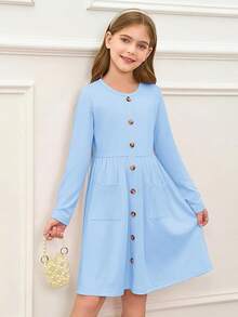Girls Dresses Kids Button Down Midi Long Sleeve Casual A Line Dress With Pockets 4-14 Years - Xanh nhạt - Xem 2