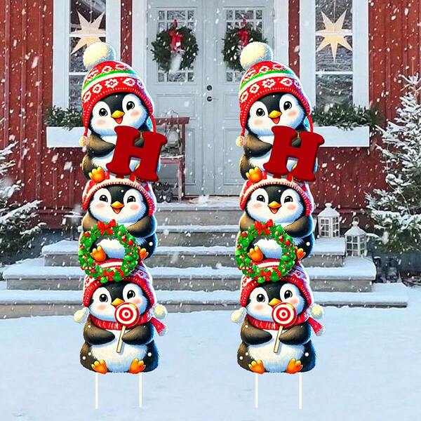 2 Peças Placas de Jardim com Pinguins Empilhados de Natal, Decoração de Jardim de Natal para Gramado, Pátio e Área Externa, Adereços e Decorações de Feriado, Decoração de Cena, Decoração de Quarto, Decoração Doméstica, Decoração de Festa de Natal