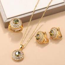 18K Gold Plated Luxury Vintage Fashion Jewelry Set, Including Round Earrings, Necklace, Adjustable Ring, Suitable For Wedding, Christmas, Thanksgiving, Halloween, Valentine's Day, Birthday Gift