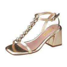 Elegant Geometric Stonework Chunky Block Heel Sandal - Gold - View 2
