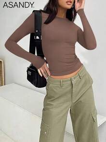 3pcs/Set Women Crew Neck Long Sleeve Solid Color T-Shirts, Slim Fit Casual Pullover Tops Spring - Light Apricot Khaki - View 4