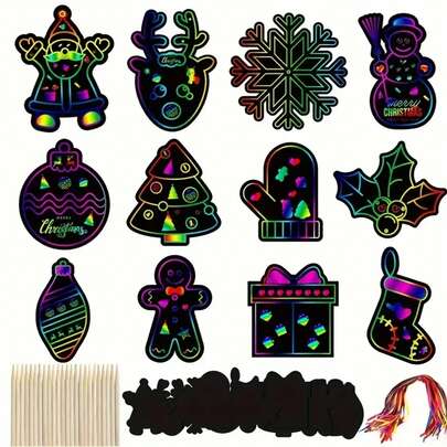 36pcs Christmas Rainbow Scratch Art Set - DIY Craft Kit For Christmas Tree Decoration And Party Favors, Easy Scratch Colorful Paper