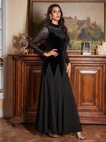 Women's Velvet Patchwork Solid Color Bodycon Midi Dress, Elegant Net Fabric With Rhinestones, Long Sleeve Mermaid Hem Evening Gown For Party - Black - View 5